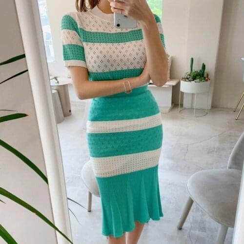 2021 Summer Women 2 piece Set Elegant Knitted Thin Short Sleeve T-Shirt Pullover Tops + High Waist Bodycon Mermaid Skirts Suit