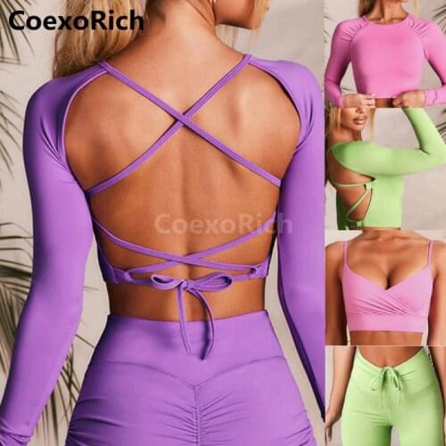 2021 New Workout Tops for Women Yoga Suit Gym Clothing Open Back Fitness Crop Top Long Sleeve Sports Bra Leggings Outfit