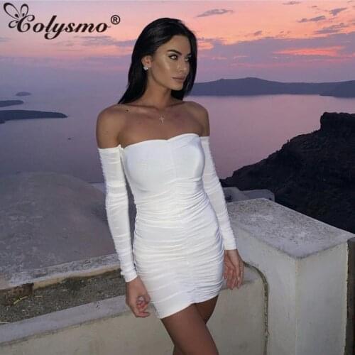 Colysmo Summer Sexy Bandage Dress Women Off Shoulder Long Sleeve Slash Neck Party Dress Elastic Bodycon Mini Dresses Vestidos