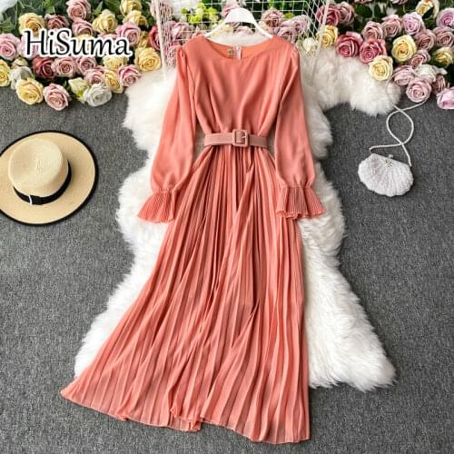 2021 spring new women o-neck butterfly sleeve waist chiffon pleated dress female elegant ruffles dresses
