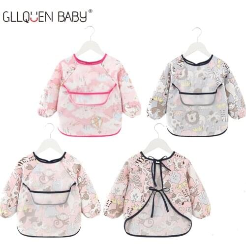 1PC Infant Bandana Bibs Long Sleeve Waterproof Cartoon Cute Baby Stuff 0-4Y Self Feeding Eating Tools With Pocket Baby Bibs