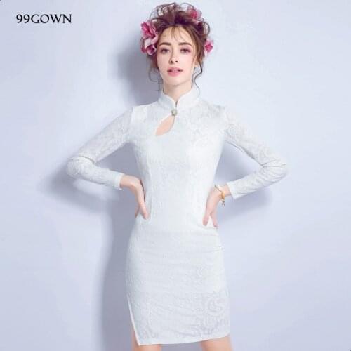 99GOWN Women Simple Wedding Dress 2021 Stand Color Chinese Style Beading Long Sleeve Lace Sexy Sheath Mini Bridal Dress