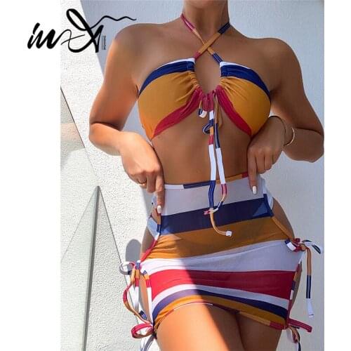 In-X Bandeau bikinis 2021 mujer String swimsuit womens swimming suit Skirts swimwear female Stripe bathing suit Sexy biquini