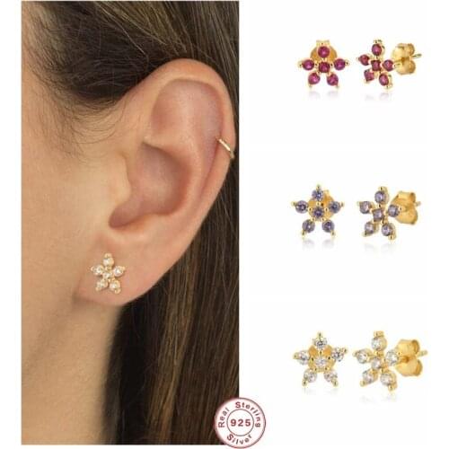 BOAKO 925 Sterling Silver Five Zircon Flower Stud Earring For Women Girls Crystal Piercing Ohrringe Pendiente Party Fine Jewelry