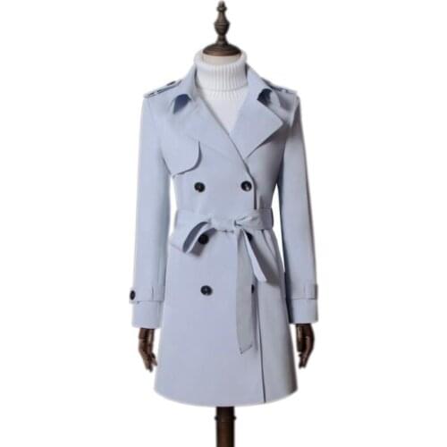 European spring ladies trench coat for women long sleeves coats womens casaco feminino slim overcoat woman light blue autumn
