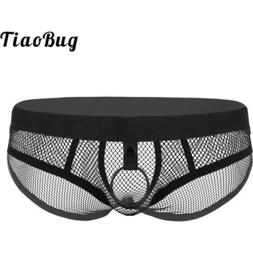 Hot Sexy Men See Through Fishnet Lingerie Low Rise Elastic Waist Open Crotch Bulge Pouch Metal O-ring Bikini Briefs Underwear