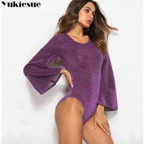 Harajuku Womens blingbling Bodysuit Long flare Sleeve Slim Fit vintage shirt T-shirt Tops for women tshirt top shirts