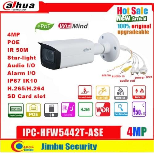 Dahua WizMind IP Camera 4MP PoE IPC-HFW5442T-ASE H.265 WDR IR50m Mirco SD Card 128GB IP67 IK10 1/1 Alarm in/out 1/1 audio in/out