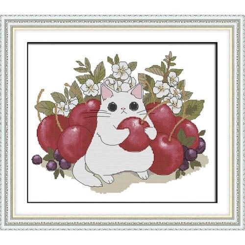 Cat and apple cross stitch kit aida 14ct 11ct count printed canvas stitches embroidery DIY handmade needlework