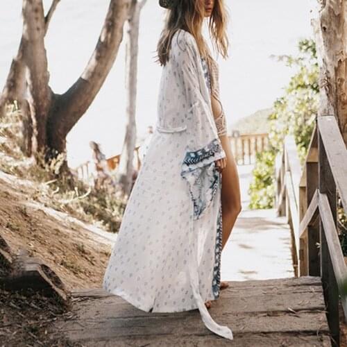 Bohemian Beach Bikini Cover Up Peacock Feather Long Sleeve Kimono Cardigan Shirt