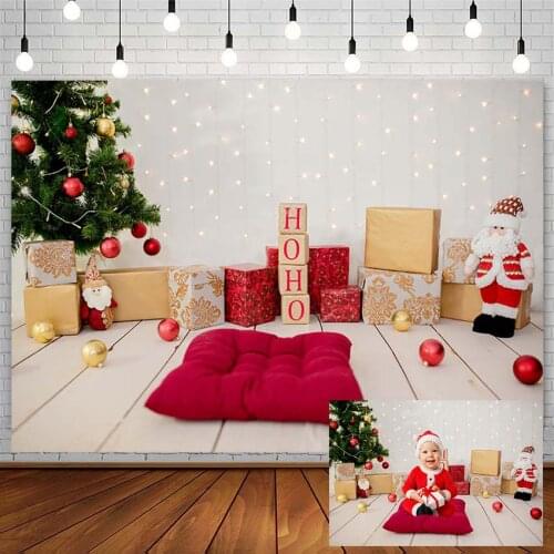 Christmas Backdrop Tree Santa Gift Bell Pillow Wooden Floor XMAS Child Photography Background Photo Studio Decor Props Photozone