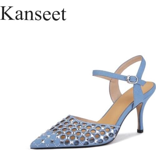 Kanseet Hollow Out Shoes 2021 Womens Sandals Summer New Handmade Genuine Leather Shoes Thin High Heels Black Blue Women Sandals