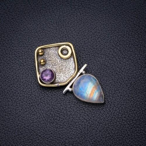 StarGems Natural Rainbow Moonstone Amethyst Two Tones Handmade 925 Sterling Silver Pendant 1.75" E3841