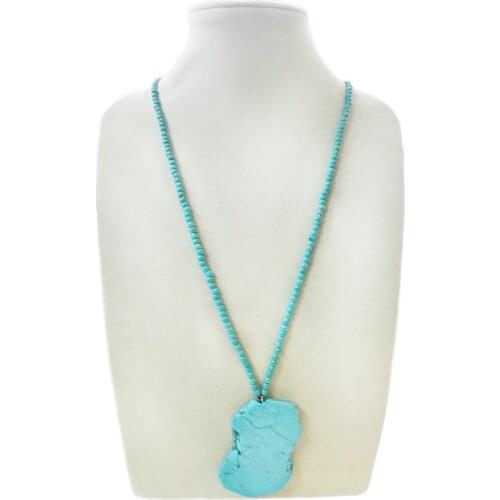 Wedding Woman Jewelry 32'' Natural Blue Stone Slice Stone Long Necklace 4mm Bead Handmade Gift