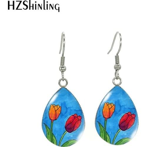 2020 New tulip Flower Dangle Earrings Frech Hook Earrings Glass Cabochon Water Drop Shaped Jewelry