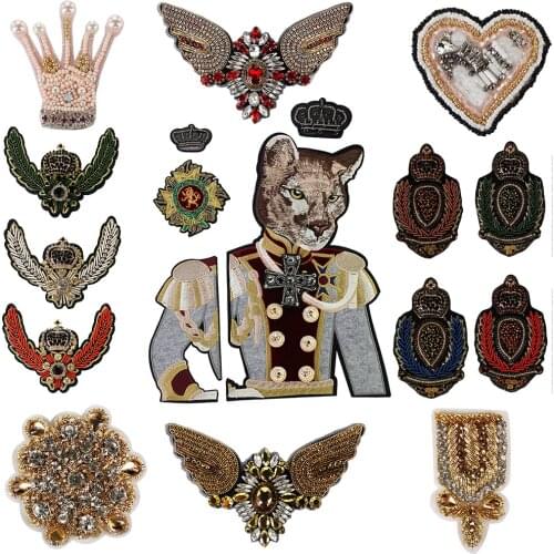Embroidery Royal Soldier Dog Patches Crown Bead Heart Indian Silk Badge DIY Sew on Rhinestones Garmnet Accessories TH1836