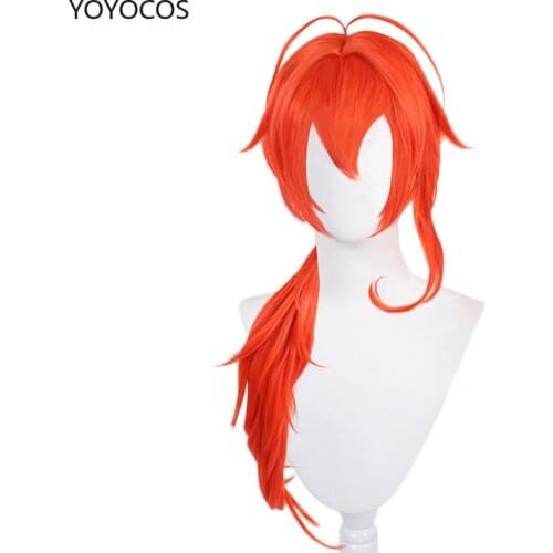YOYOCOS Genshin Impact Diluc Cosplay wig 60cm Long Red hair Anime game Wigs Heat Resistant Synthetic Wigs Halloween party new