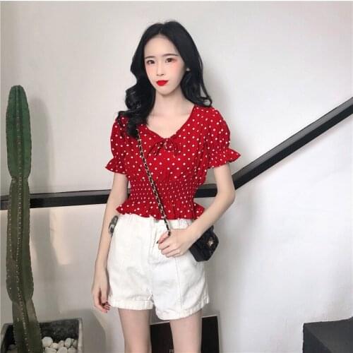 2020 Vadim Sale Women Tops New Korean Plus Size Free Shipping Dot Shirt Sleeve V-neck None Regular Cotton Solid