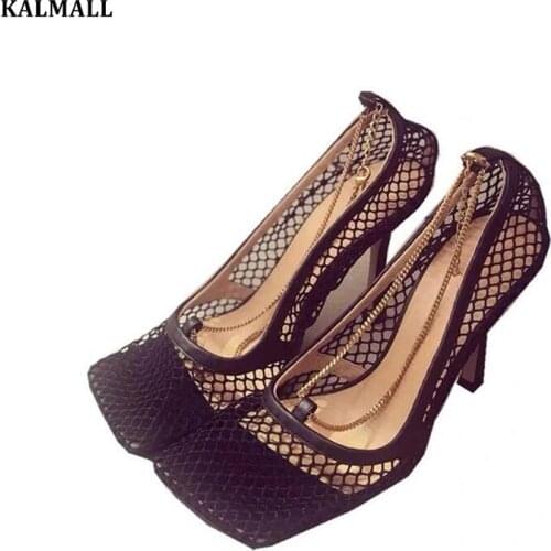 KALMALL Zapatos Mujer Sexy Mesh Sandals Square Toe High Heels Ankle-Wrap Chains Pumps Breathable Sandles Summer Dress Party
