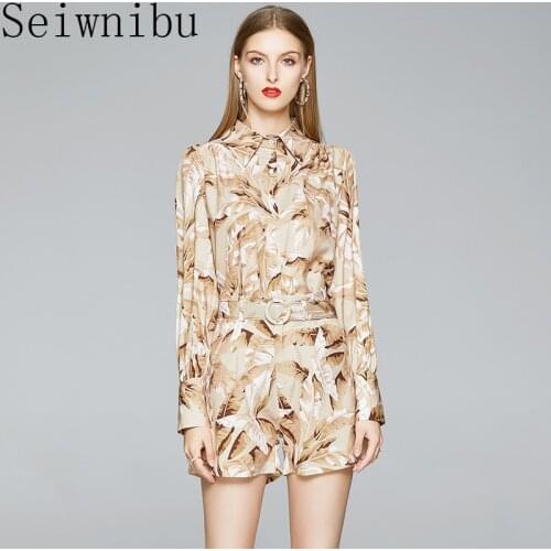 2020 Runway designer Summer 2 pieces suits floral print blouse shirt women tops + shorts set Women two piece set sets With Belt