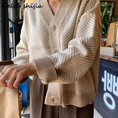 New Vintage Wool Cropped Sweater Woman Apricot Striped Fall 2021 Knitted Cardigan Female Autumn Winter V-neck Elegant Sweater