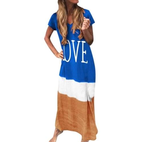 Women Casual Short Sleeve V Neck Color Block LOVE Print Loose Beach Long Dress Long Maxi Dress Sundress Female Casual Dress 2020