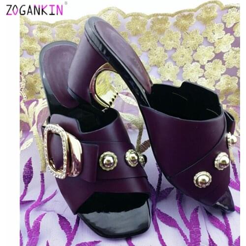 2019 Mature Style Italian Women Shoes Nigerian Leisure Slipper in Darl Purple Color With Matals African Women Retro Shoes