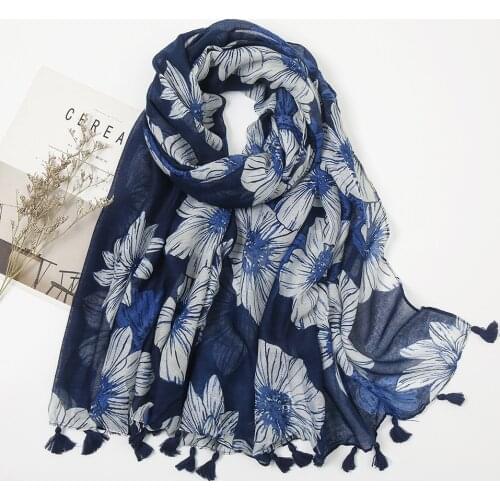 2021 Newest Womens Cotton Linen Scarf Navy Printed Flora Cotton Hijab Blue Scarf Female Spring 2021 Headscarf Womens bandana