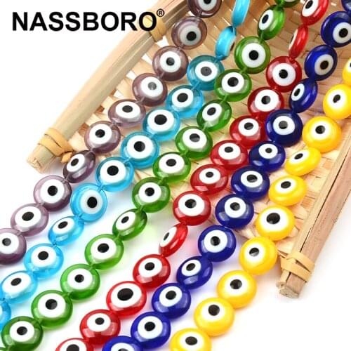 12mm Handmade Evil Eye Lampwork Beads Flat Round Spacer DIY Crafts Evil Eye Charms Beads for Bracelets Necklace Jewelry Making