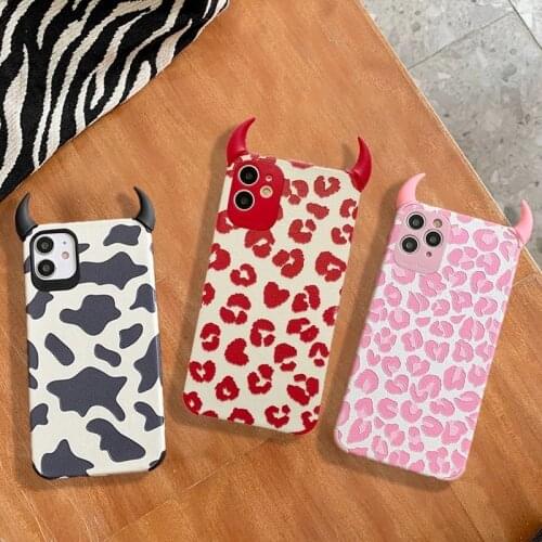 INS Leopard Cow Pattern Devil Horn Phone Case For iPhone 11 12 Pro XR X XS Max 7 8 6 6s Plus SE 2020 Case Soft Phone Back Cover
