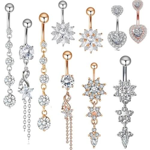 Zircon Navel Ring Rhinestone Body Piercing Ombligo Belly Crystal Navel Ring Bar Barbell Drop Dangle Button Rings Women Jewelry