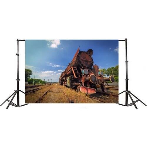 Photography Backdrop Locomotive Vintage Old Train Railroad Tracks Grass Field Trees Blue Sky White Cloud Nature Journey