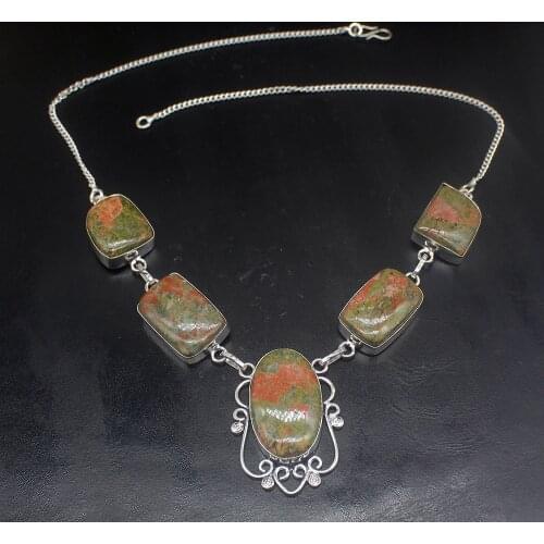 Hermosa Jewelry Fashion Natural Green Unakite Silver Color Women Ladies Gifts Pendant Necklace Chain 48cm 20213391