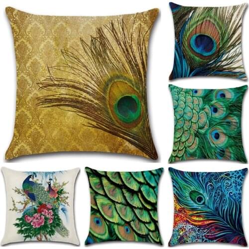 Peacock Feather Printed Linen Pillow Case Flower Animal Bird Cushion Covers Decorative for Car Sofa Home Decoration Accessories