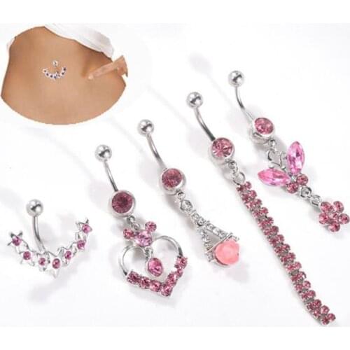 5pcs/set Surgical Steel Dangle navel rings For Women Pink Crystal Navel Bars Tassel Belly Button Ring Piercing Body Jewelry