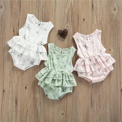 Baby Girls Rompers Summer Newborn Infant Girls Floral Print Sleeveless Layered Elastic Waist Romper Jumpsuits Overalls Clothes