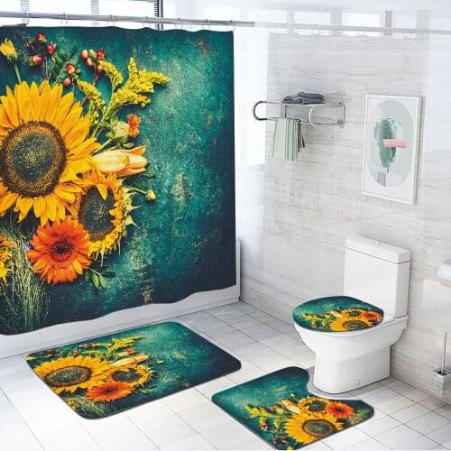 Sunflower Pattern Shower Curtain set Toilet Cover Rug Carpets Non-slip Kitchen Bath Mat Plants 4pcs Bathroom Set Decoration