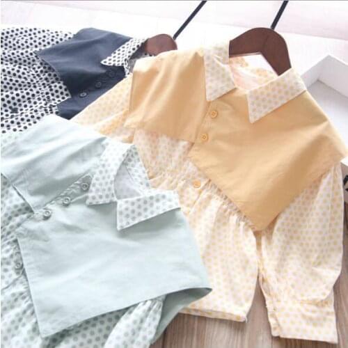 Girls clothing sets wholesale baby girl dots shirt and button vest two piece set kids suits clothes