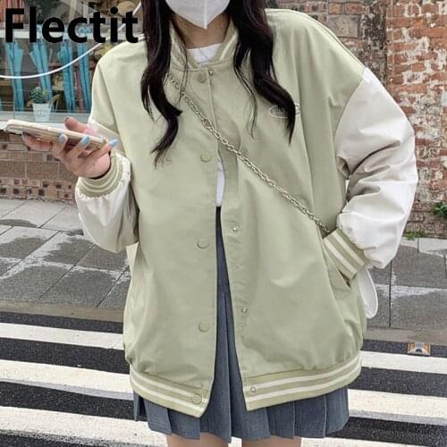 Flectit Varsity Jacket Women Bomber Jacket Pastel Green Pink Snap Front Autumn Winter Windbreaker Coat Female Outerwear