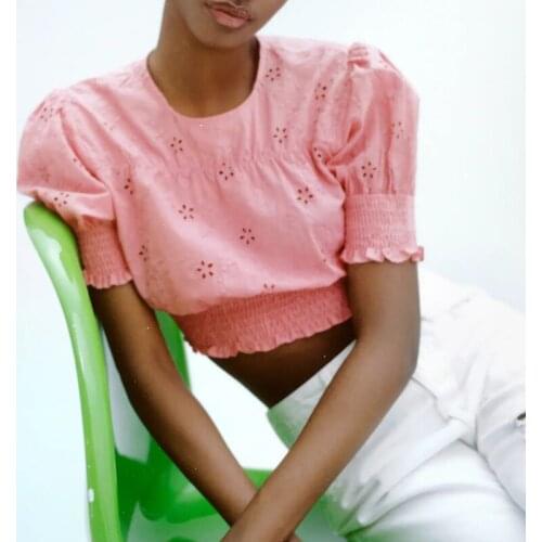 Summer ladies pink short blouse hollow embroidery shirt blouse short sleeve round neck sweet girl tops