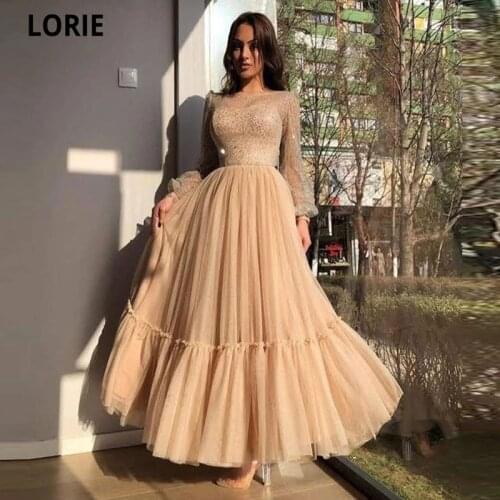 LORIE 2021 Modest Champagne A Line Tulle Prom Dresses Sparkly Long Sleeves Sheer Scoop Neck Ankle Length Formal Evening Gowns