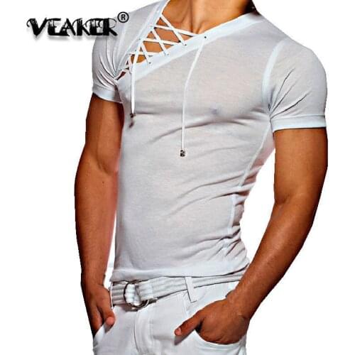 2018 New Mens Fitness Gyms t shirt Male sexy bandage hollow out White Short Sleeve t Shirt M-3XL