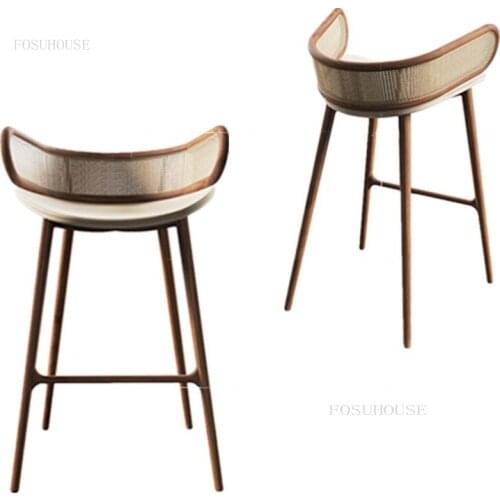 New Chinese Solid Wood Rattan Bar Chair Minimalist Modern Rattan Designer Home Bar Chair Furniture Coffee Shop Lounge Bar Chair
