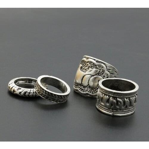 Punk Carving Ancient Elephant Shape Rings Metallic Midi Rings Wide Thin Golden Silver Plated for Women 4 pcs/set
