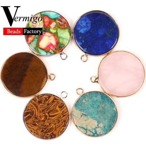 Natural Stone Pendant 26mm Lapis Lazuli Rose Quartzs Round Charms Pendants For Necklace Bracelet Making Jewelry Accessories
