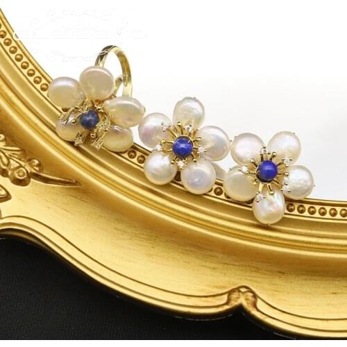 GLSEEVO 100% Natural Fresh Water White Pearl Ring Earrings For Women Girl Lovers' Fine Jewelry Sets Bijoux En Argent 925 GS0007