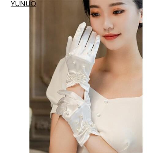 YUNUO Wedding Bridal Gloves with Pearls Short Satin White Glove Wedding Accessories Full Finger перчатки