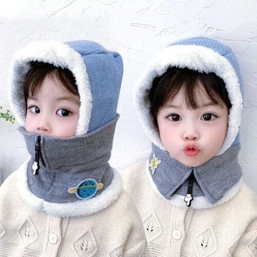 Thick Plus Velvet Warm Winter Baby Hat Bib One-piece Windproof Tab Kids Cap for Boys Girls 2 3 4 5 6 7 Year Children Baby Stuff
