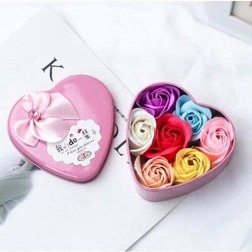 Party Supplies Wedding Rose Bouquet Gift Box Color Soap Flower 6 Roses Heart-Shaped Tin Packges Company Event Gifts SN365