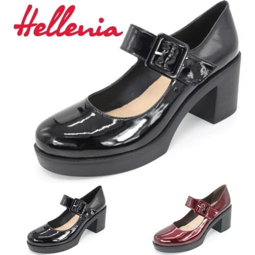 Hellenia Newest Autumn Spring Buckle Strap Pump shoes Patent PU Platform Dress comfortable Party wedding office lady shoe